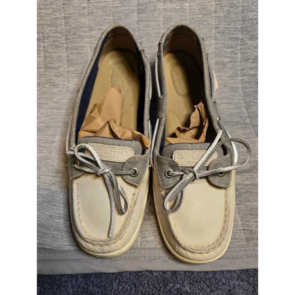 1454 Sperry Top-Sider  Grey Cream Leather Canvas Boat Shoes Memory Foam Loafers